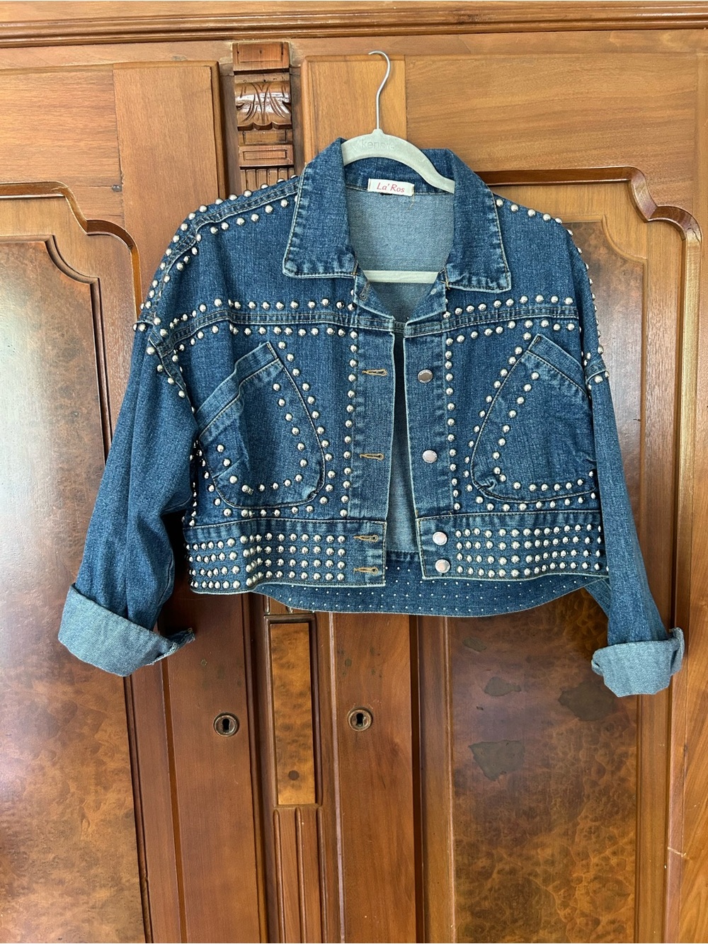Dark Blue Studded Crop Denim Jacket